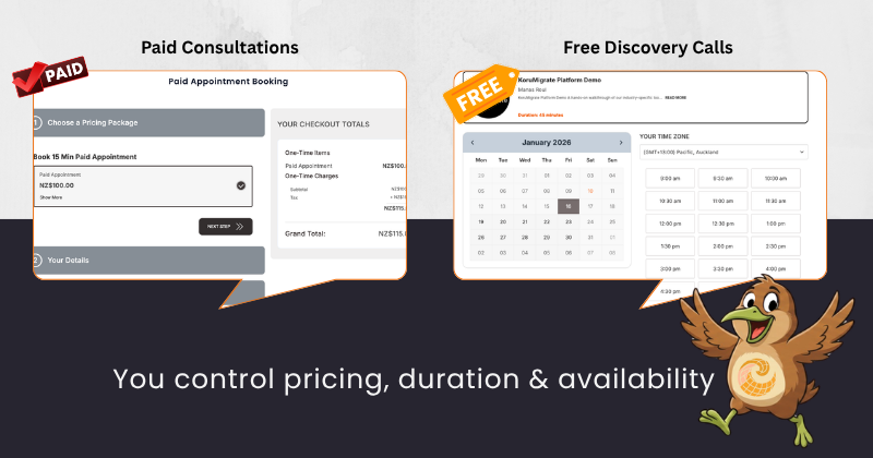 CaseCRM online appointment scheduling software allowing businesses to offer paid consultations and free discovery calls with automated booking, custom pricing, calendar availability, and payment collection.